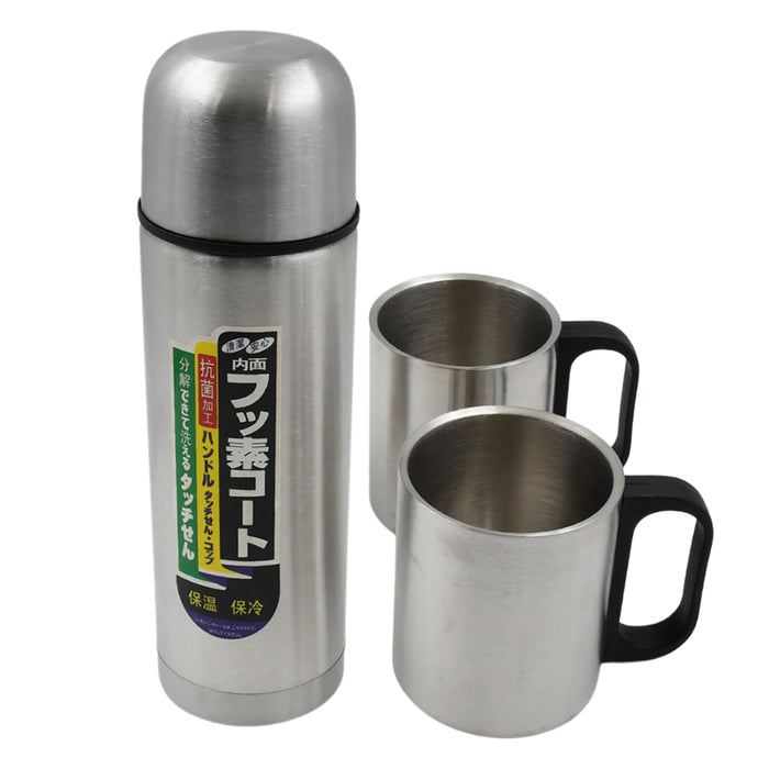 Double Wall Stainless Steel Thermos Flask 500ml Vacuum Insulated Gift Set with Two Cups Hot & Cold, Stainless Steel, Diwali Gifts for Employees, Corporate Gift Item (3 Pcs Set)