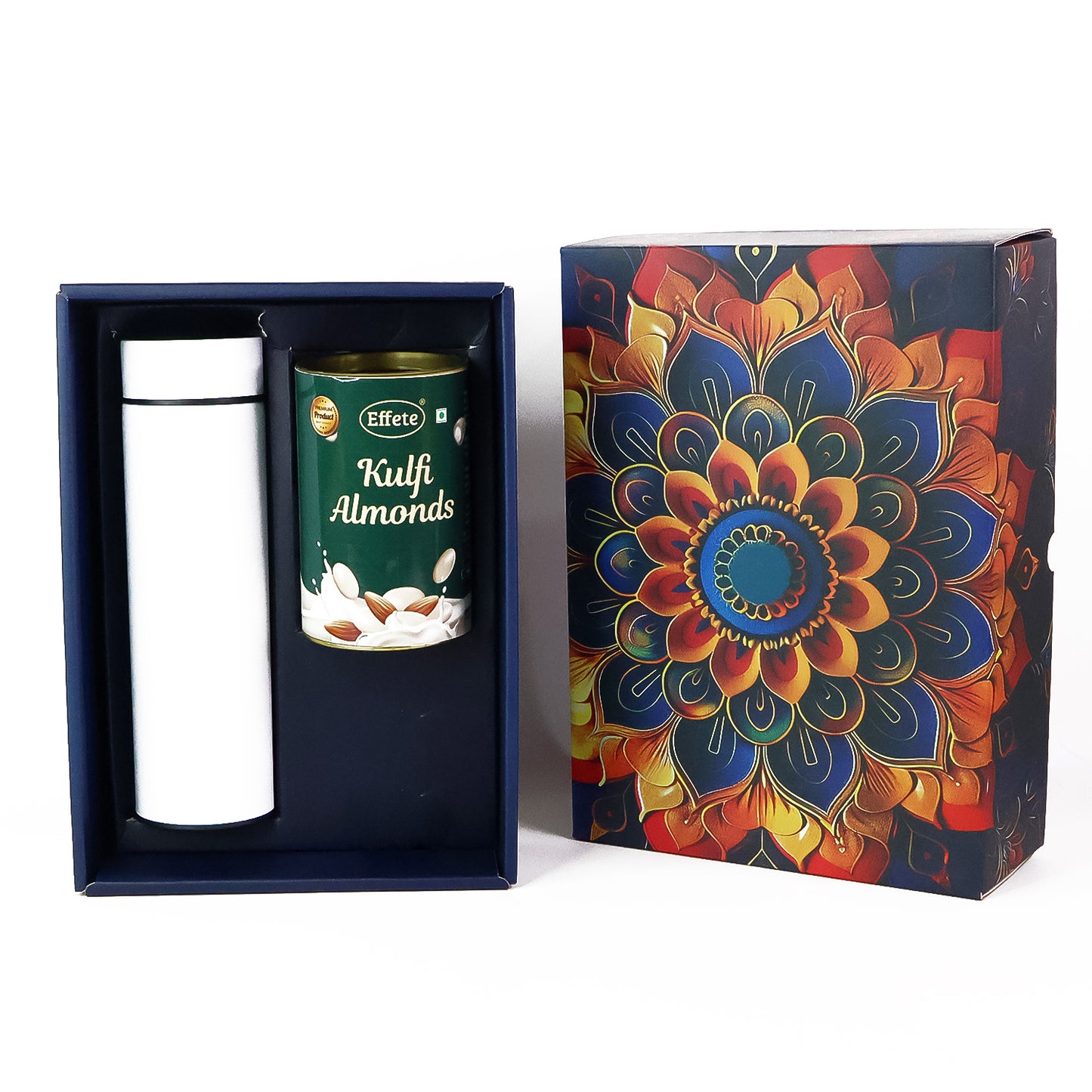 Effete Kulfi Almonds Gift Hamper, Golden With Bottle (2 Pc Set)