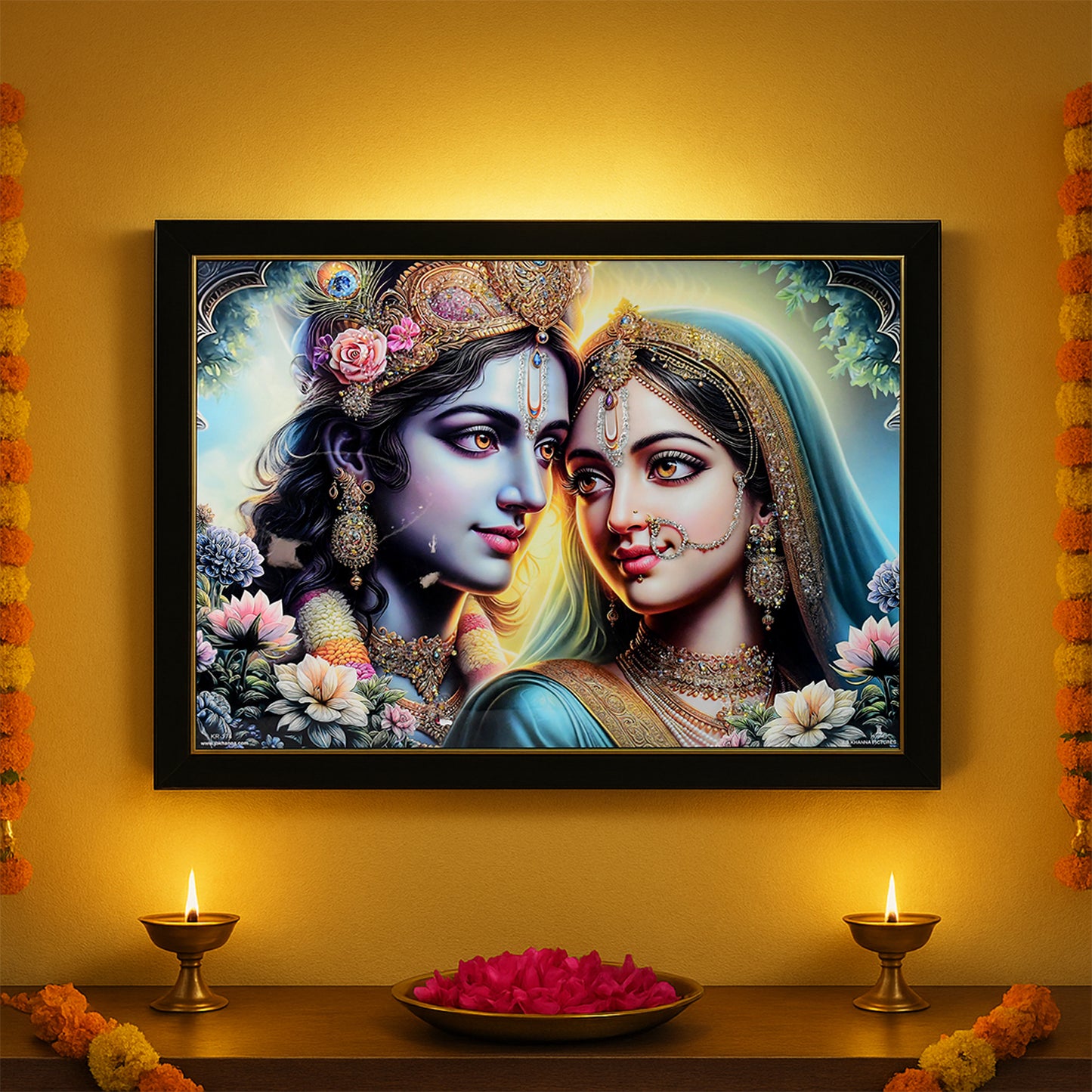 Lord Krishna and Radha Wall Painting with Wooden Frame 60x45 Cm Approx (1 Pc / Mix Design)