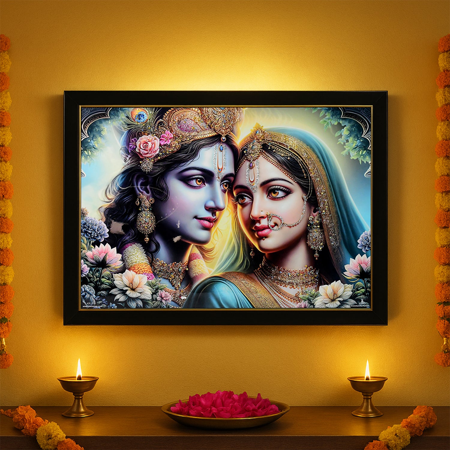 Lord Krishna and Radha Wall Painting with Wooden Frame 60x45 Cm Approx (1 Pc / Mix Design)
