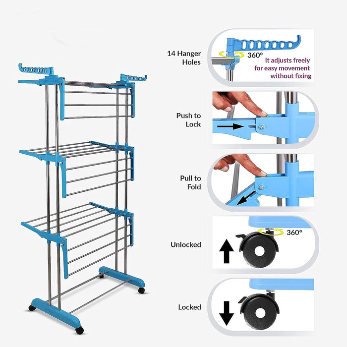 Premium Heavy Duty Stainless Steel 3 Layer Foldable Cloth Drying Stand (1 Set / With Colour Box)