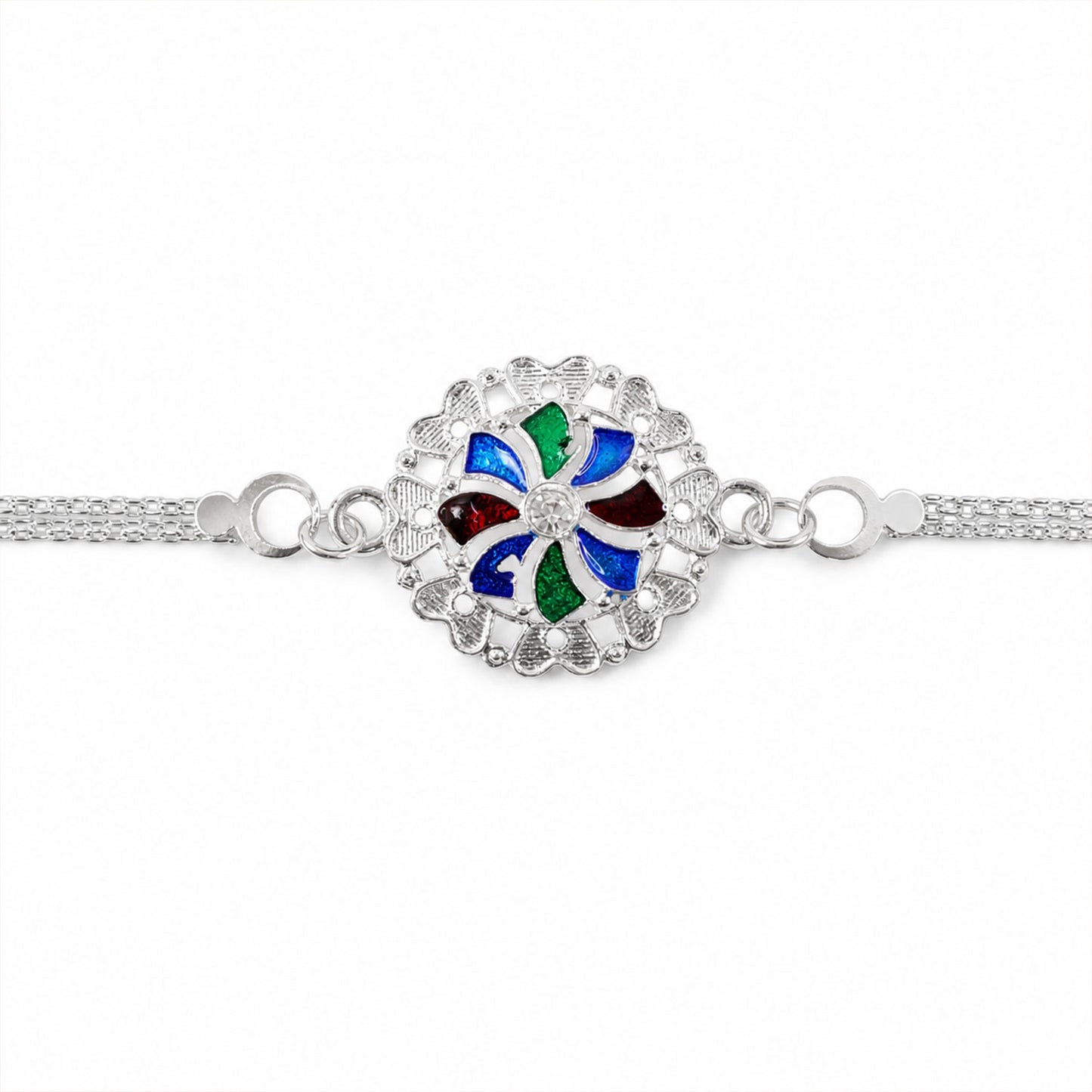 A close-up of a silver chain bracelet with a round, colorful enamel and crystal centerpiece, centered horizontally on a