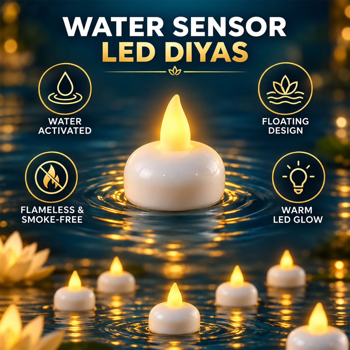A close-up of a single white LED diya floating on water, with a soft yellow glow emanating from its flame-shaped tip.