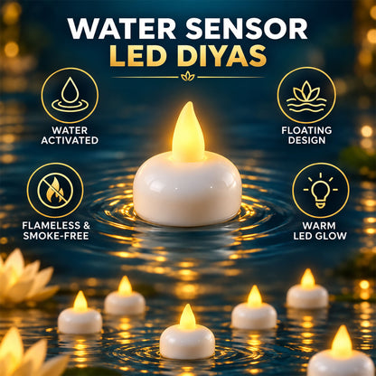 A close-up of a single white LED diya floating on water, with a soft yellow glow emanating from its flame-shaped tip.