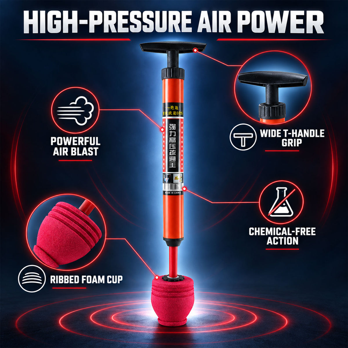 An orange and red pump plunger with a black T-handle and ribbed foam cup, highlighting its features with text.
