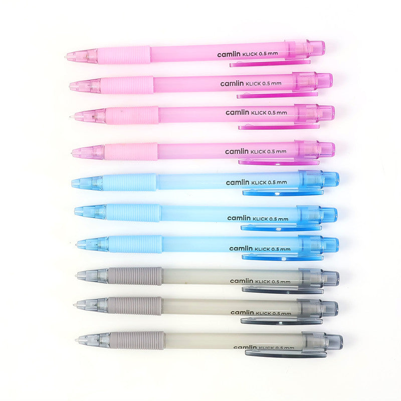 Camlin KLICK 0.5 mm Mechanical Pencil – Smooth Writing with Soft Ribbed Grip (Pack of 10 – Pink, Blue & Grey)