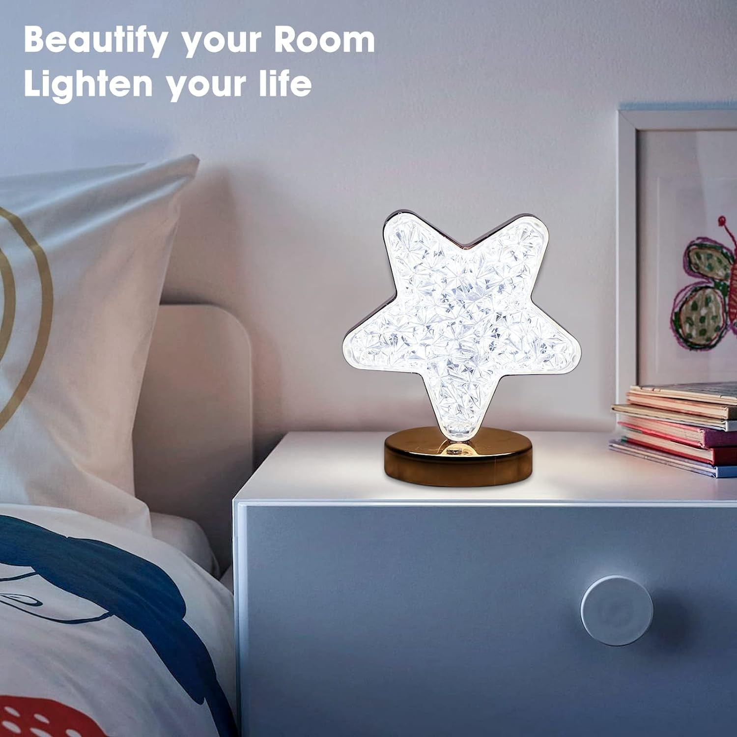 Star Shape Crystal Diamond Lamp Cordless Luxury Lamp with USB Rechargeable, 3-Way Dimmable & Touch Control Decorative Nightstand Lamp for Bedroom, Living Room, Party, Restaurant Decor (1 Pc )