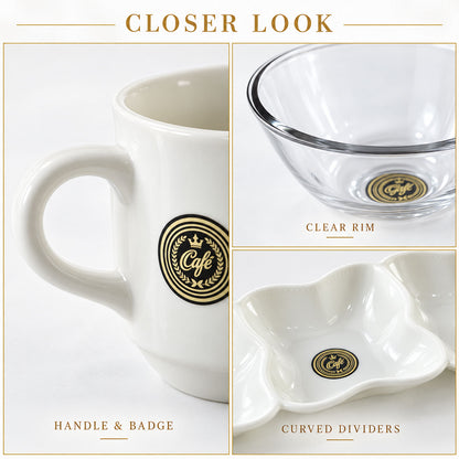 Detailed close-ups show the handle and badge of a white ceramic mug, the clear rim of a glass bowl, and the curved dividers