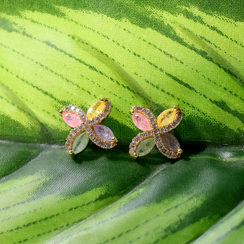 Multicolor Crystal Butterfly Stud Earrings with Gold Finish for Women