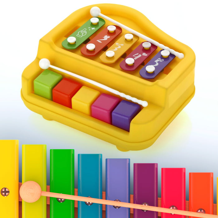 2 in 1 Baby Piano Xylophone Toy for Toddlers, 5 Multicolored Key Keyboard Xylophone Piano, Preschool Educational Musical Learning Instruments Toy for Baby Kids Girls Boys 3+ Years (1 Pc)