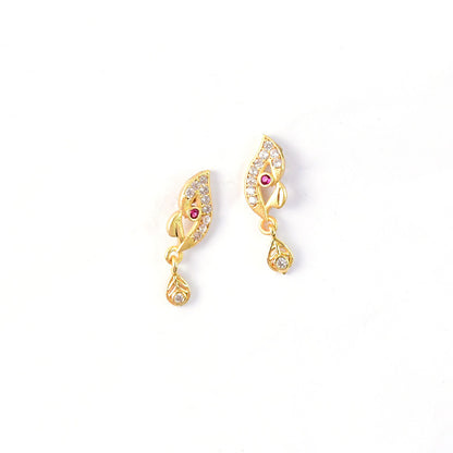 Stylish Leaf Pattern Gold Earrings with Stone Work & Drop Charm