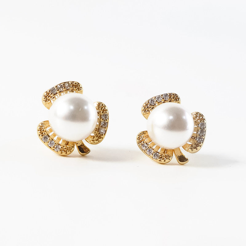 Elegant Pearl and CZ Stone Designer Stud Earrings for Women