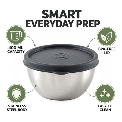 Apex Stainless Steel Food Container 400 ML with Lid, Round Storage Bowl (1 Pc)