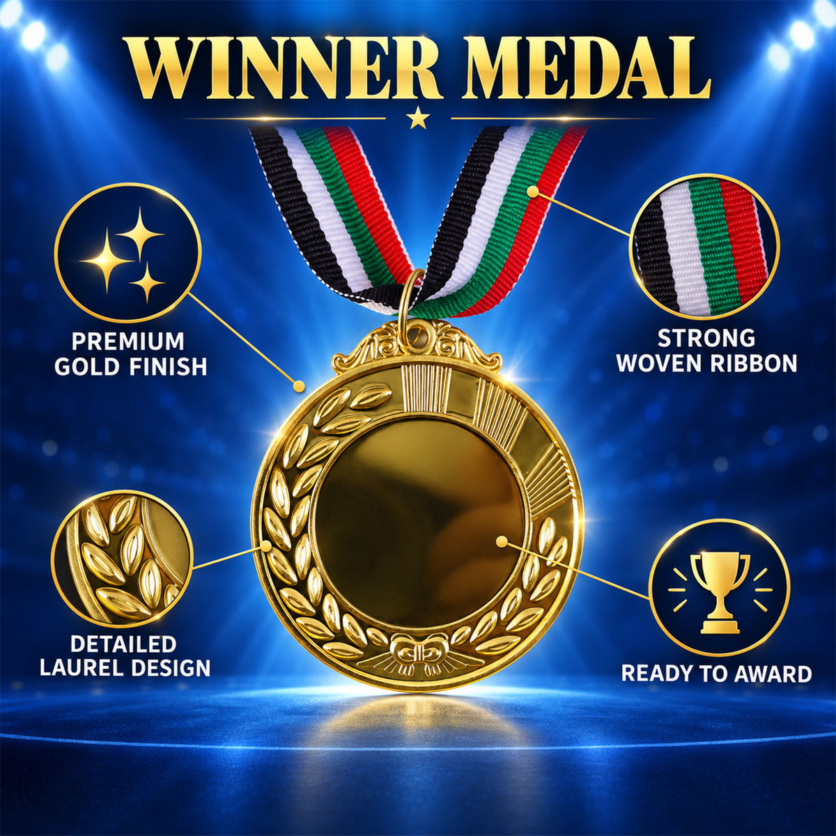 Gold Medal Gift with Tricolor Ribbon for Achievers, Kids and Winners (1 Pc)