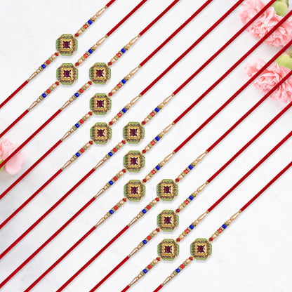 12 Pc Stone Rakhi Set with Red Center Dial, Pearl Beads & Multicolor Accents – Elegant Raksha Bandhan Gift Box for Brothers