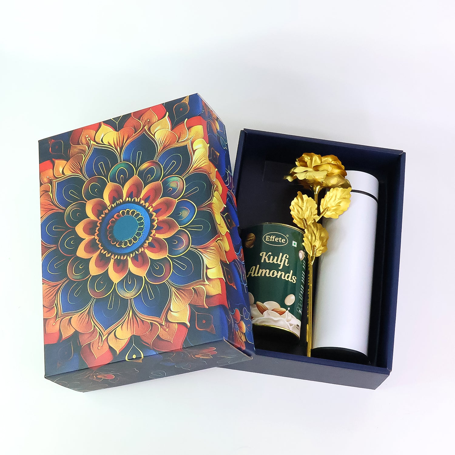 Effete Kulfi Almonds Gift Hamper, Golden Rose With Bottle (3 Pc Set)