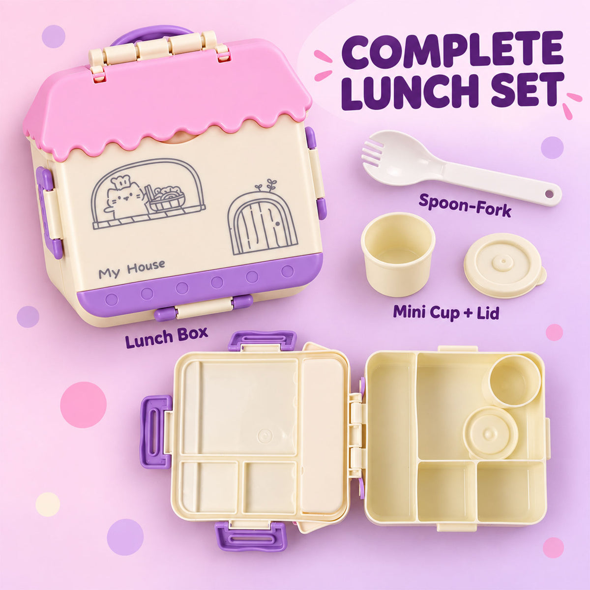 House Shape Plastic Kids Lunch Box with Handle and Spoon Fork (17 x 17 x 6.5 Cm)
