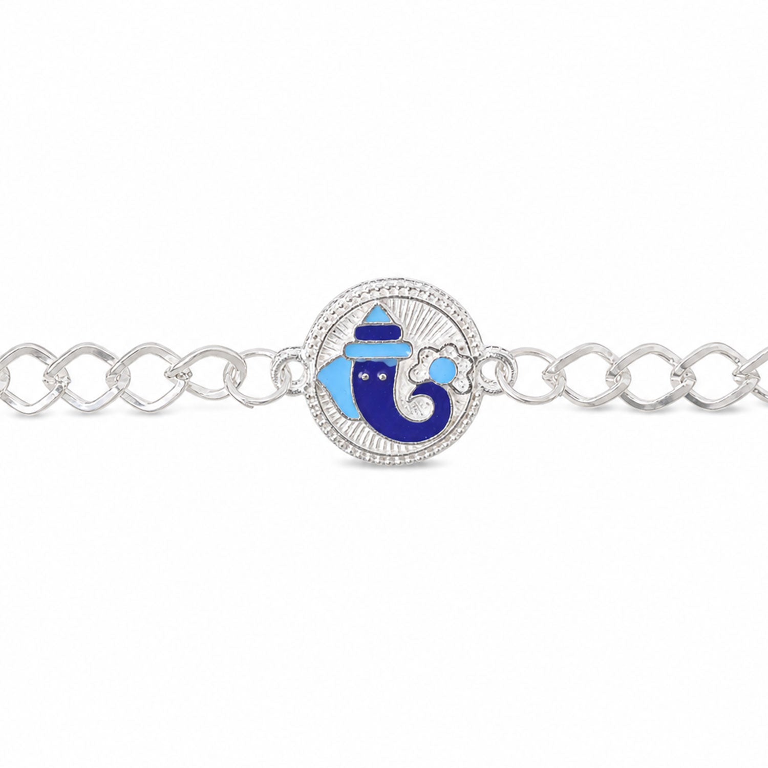 Round Ganesh Motif Enamel Silver Chain Designer Rakhi for Brother