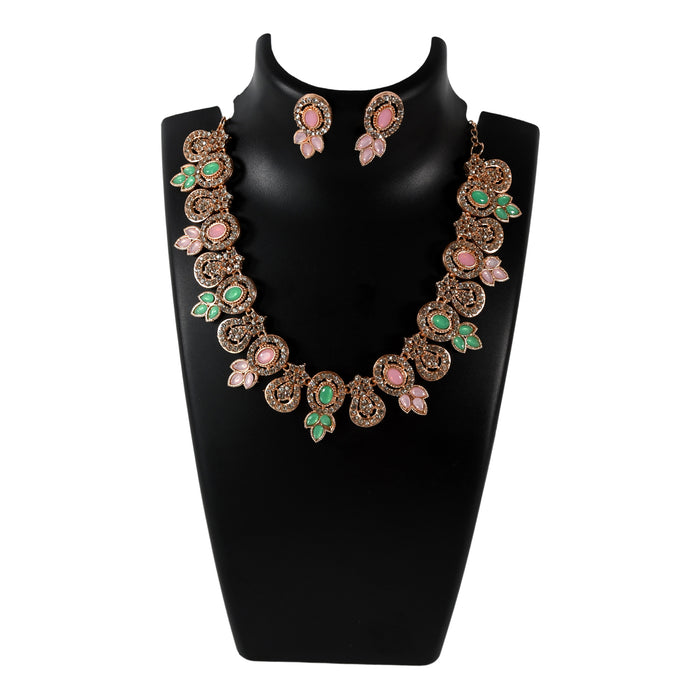 Elegant Pink & Green Diamond Necklace Set