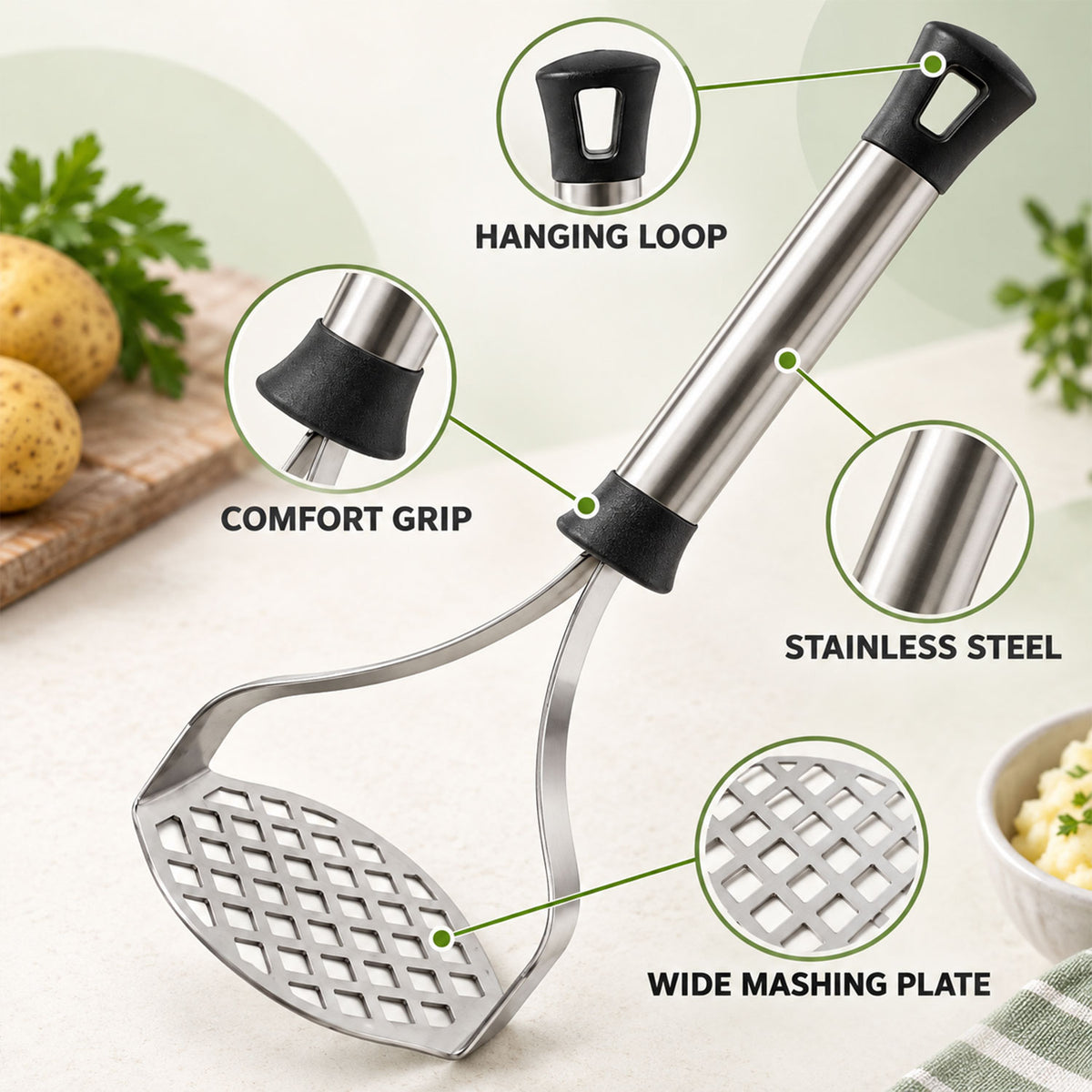 Apex Stainless Steel Potato Masher, Pav Bhaji Masher with Grip Handle (1 Pc)