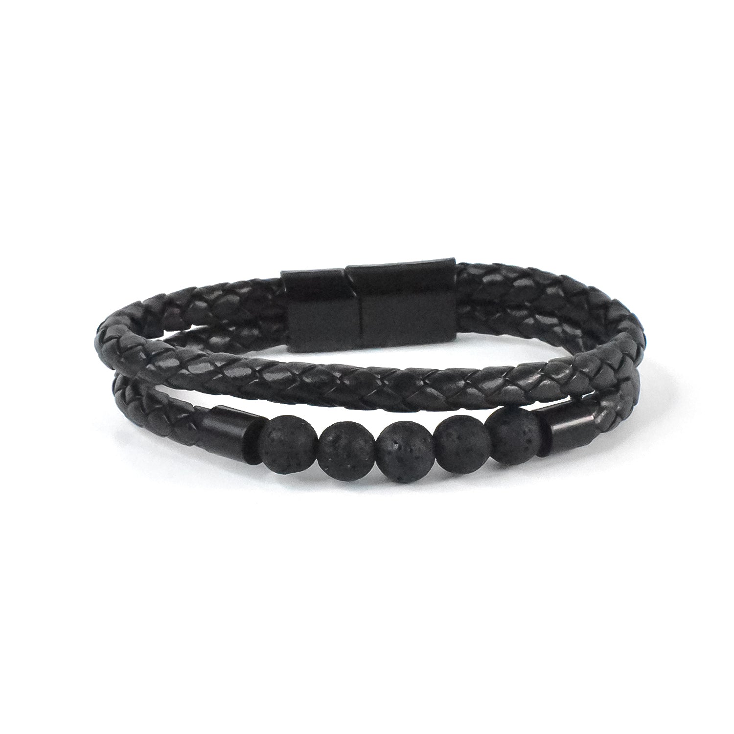 Vintage Double Layer Braided Leather Bracelets For Men Black Natural Stone