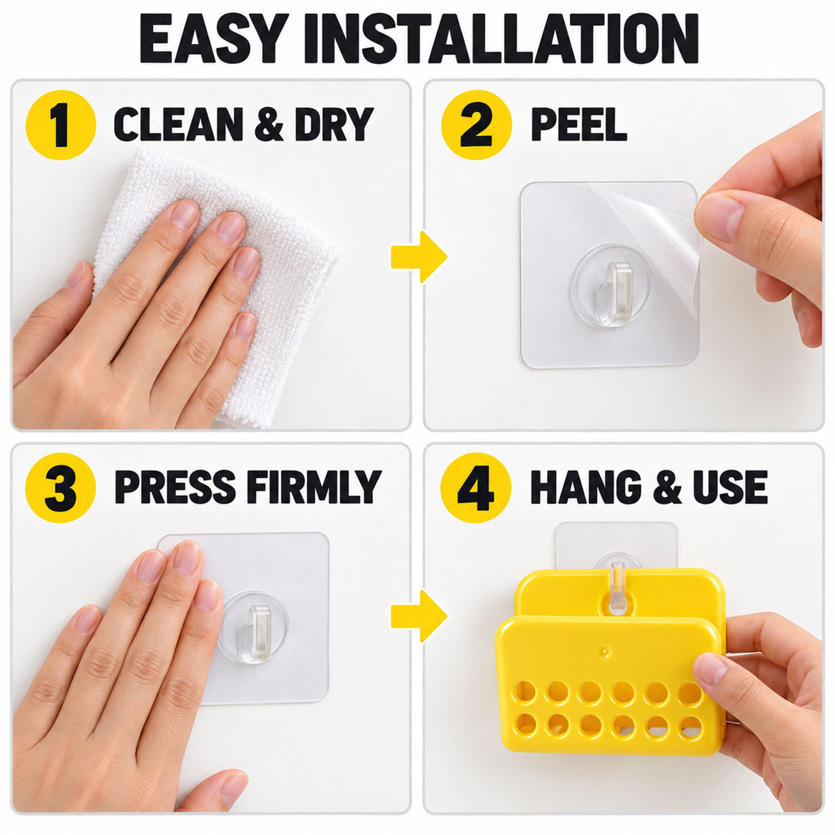 Four-step graphic showing how to install the yellow plastic sponge holder: clean, peel, press, and hang.