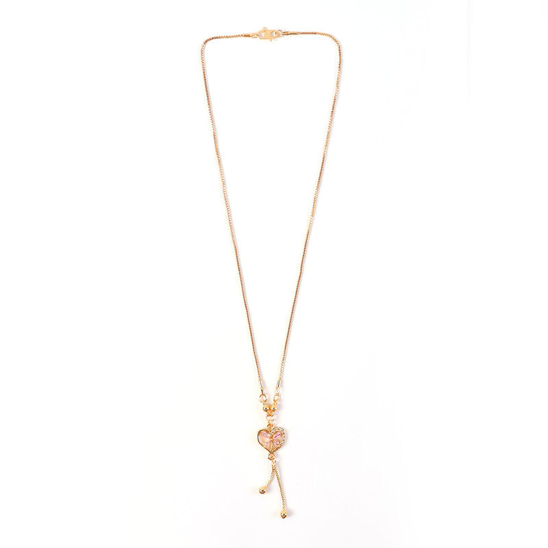 Heart Charm Drop Pendant Necklace – Elegant Gold-Plated Chain with Pink Stones