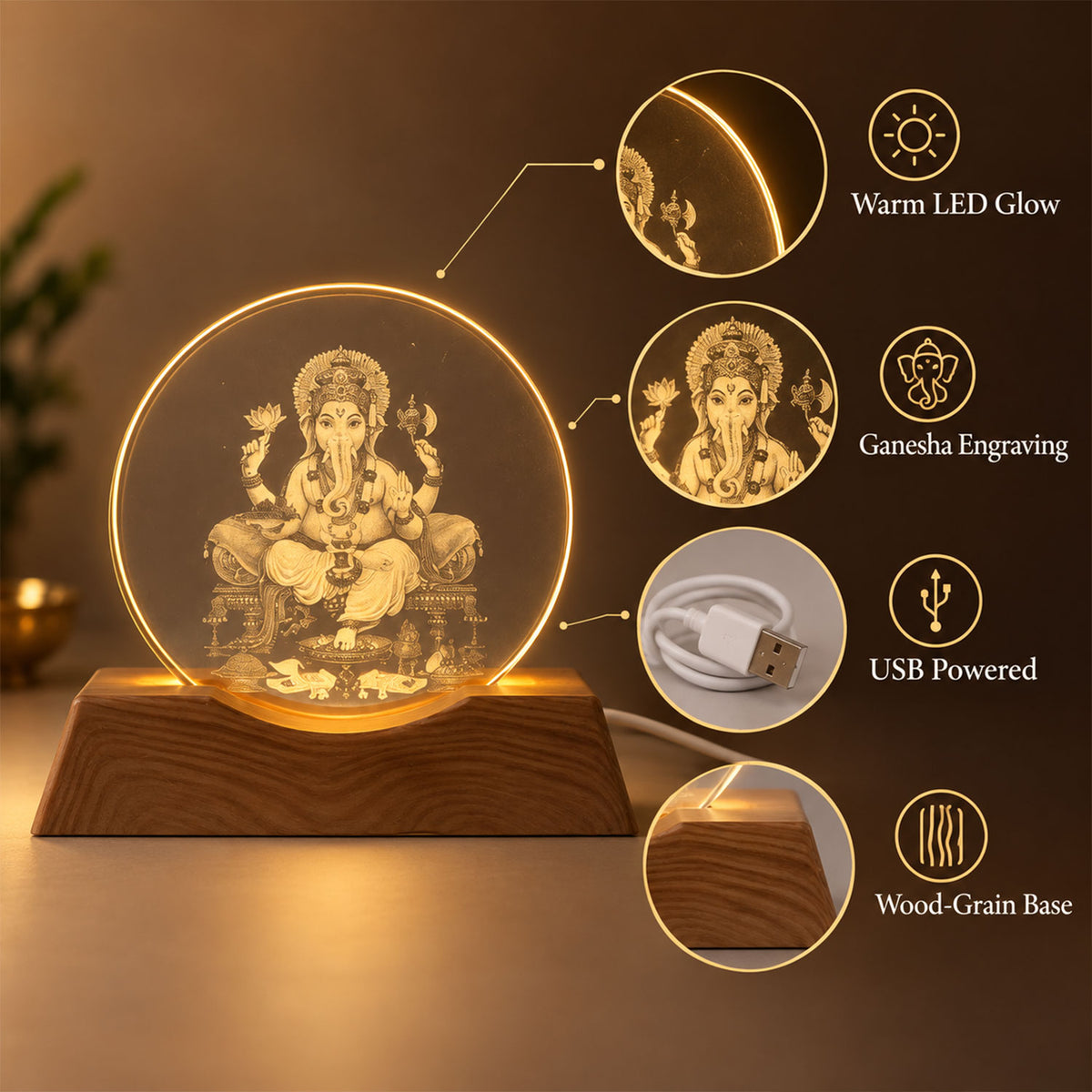 3D Ganesha LED Lamp with Wooden Base for Home and Pooja Decor (1 Pc)