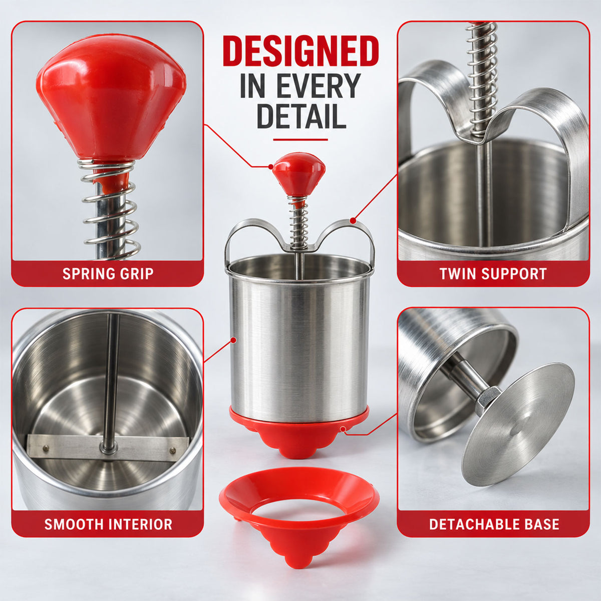 A detailed view of the stainless steel medu vada maker, showing the spring grip, twin support, smooth interior, and