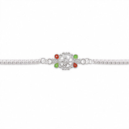 Silver Chain Rakhi with floral enamel detail, suitable for festive gifting.