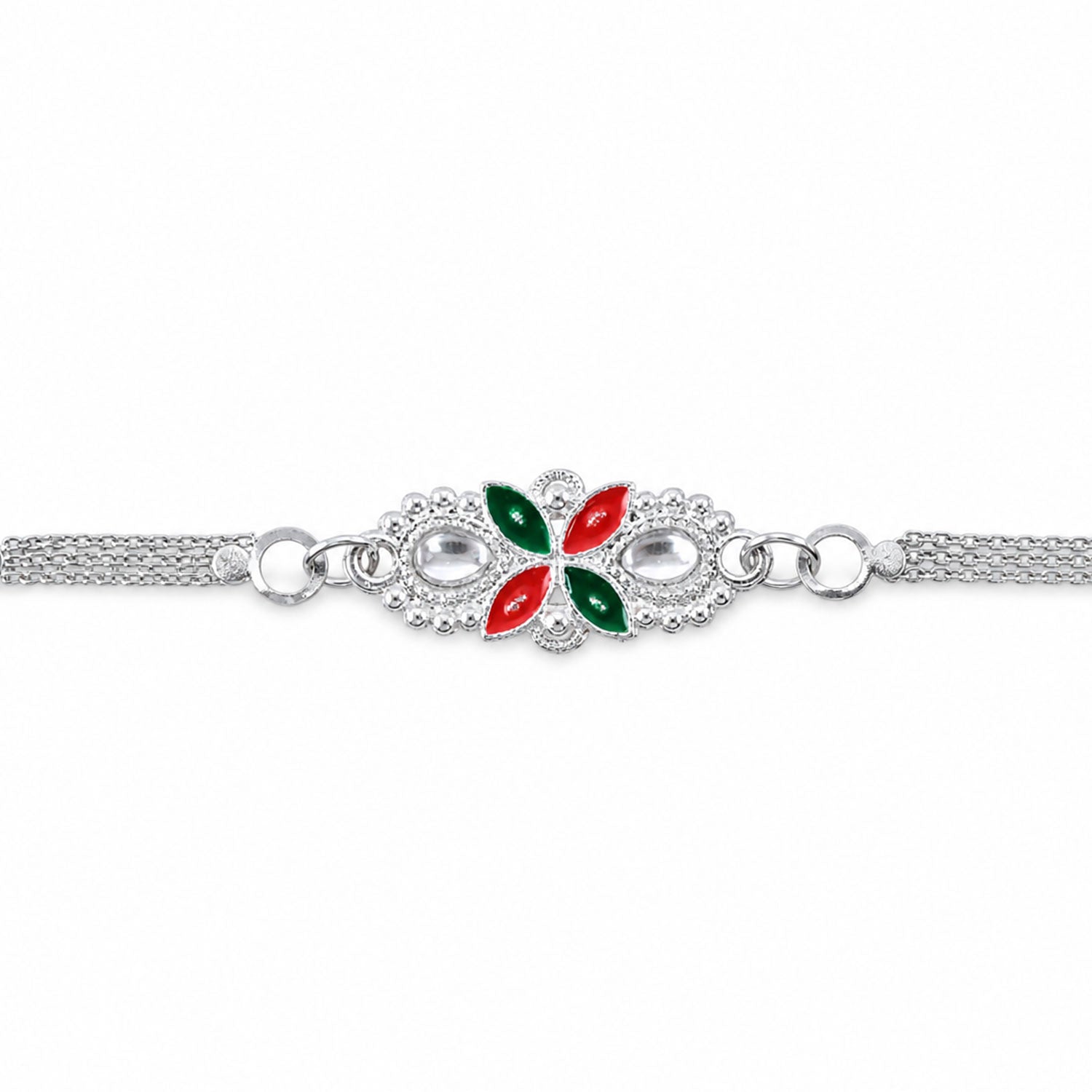 A close-up view of the silver-toned bracelet with its central floral design in red and green enamel and clear stones,