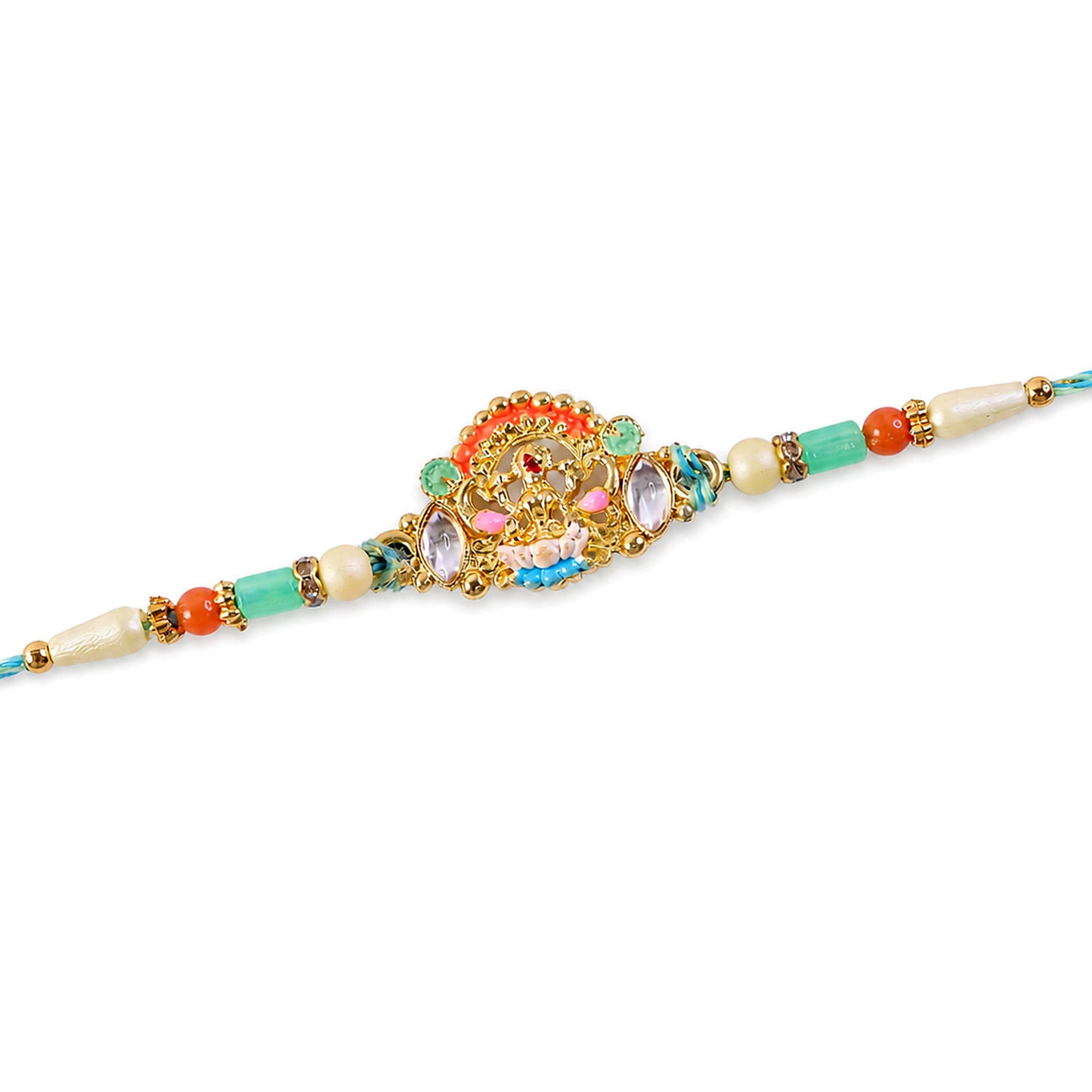 Orange Enamel Floral Kundan Pendant Rakhi with Pastel Beads