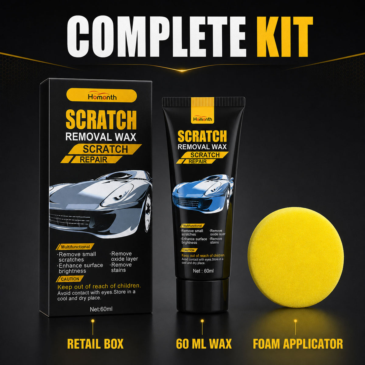 A complete kit including scratch removal wax in a box, a tube, and a yellow foam applicator. – view 6