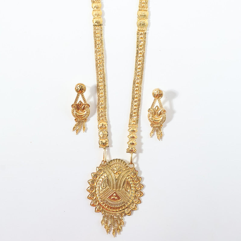 Gold-Tone Ethnic Necklace Set with Intricate Pendant and Matching Drop Earrings