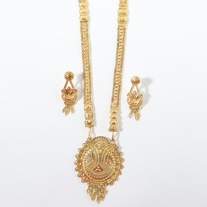 Gold-Tone Ethnic Necklace Set with Intricate Pendant and Matching Drop Earrings