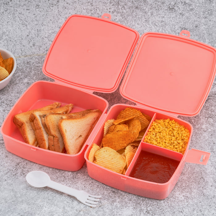 5787 Double-Layer Square Lunch Box with  Spoon , 4 Compartment Tiffin & Push Lock , Plastic Tiffin Box for Travelling, School Kids & Office Exclusive, Home