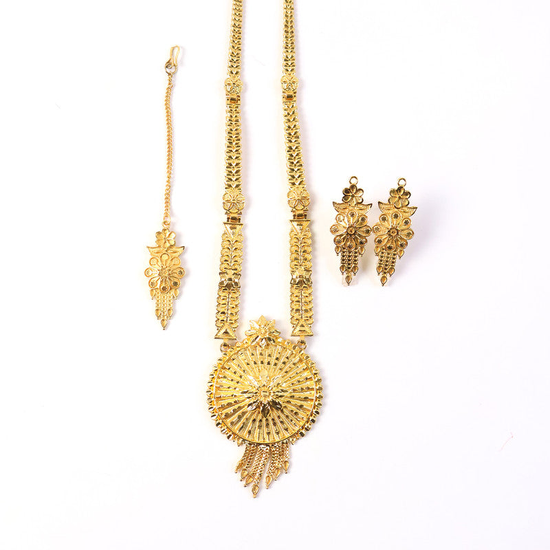 Sunburst Floral Heritage Necklace Set with Detailed Engraved Pendant & Matching Earrings