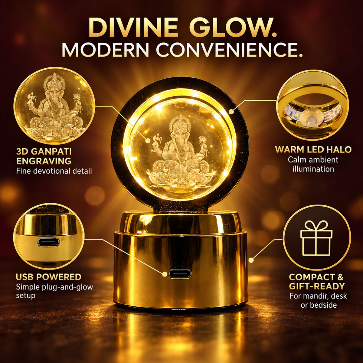 Ganpati Bapa 3D Crystal Ball LED Night Light – Divine Spiritual Glow