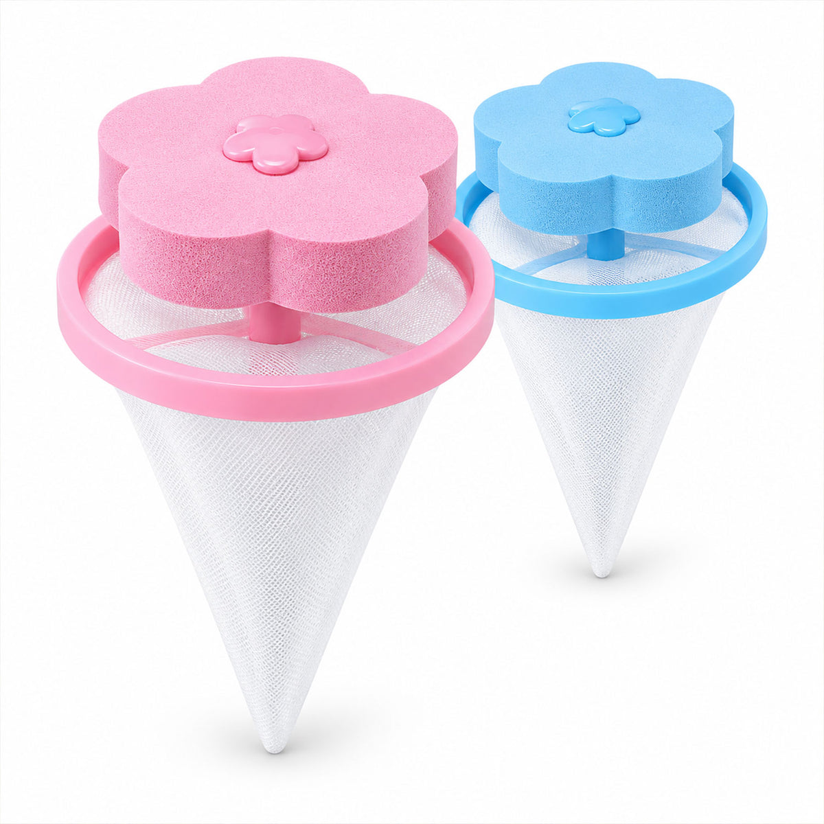 Two flower-shaped lint filters, one pink and one blue, with white mesh bags stand upright.