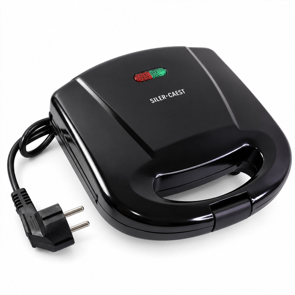 A black sandwich maker with its power cord and plug, displayed with approximate dimensions of 20cm by 20cm.