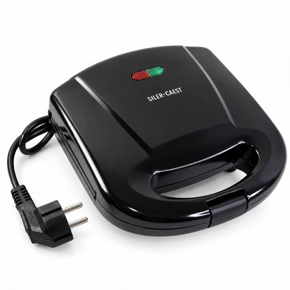 A black sandwich maker with its power cord and plug, displayed with approximate dimensions of 20cm by 20cm.