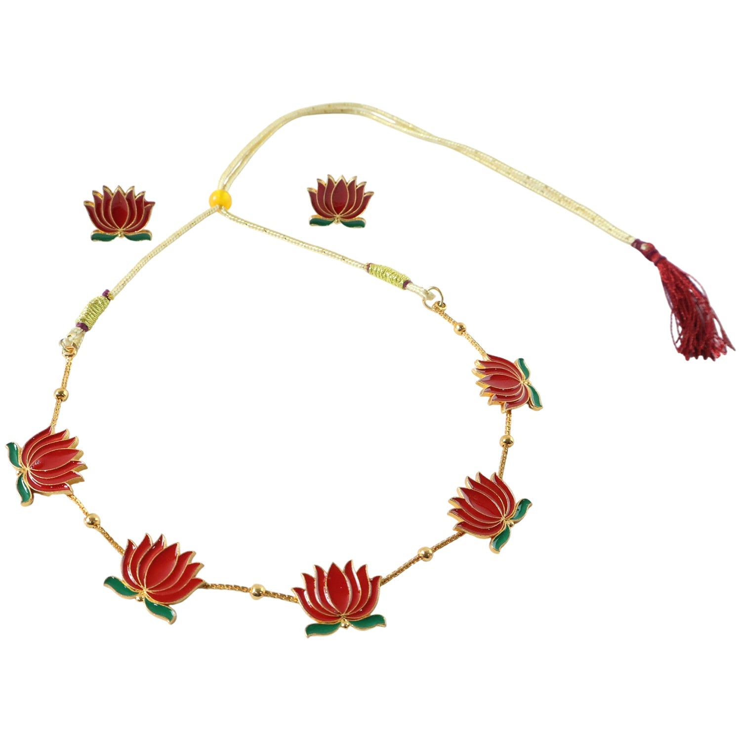 Red Lotus Necklace Set – Adjustable Thread Ethnic Jewellery