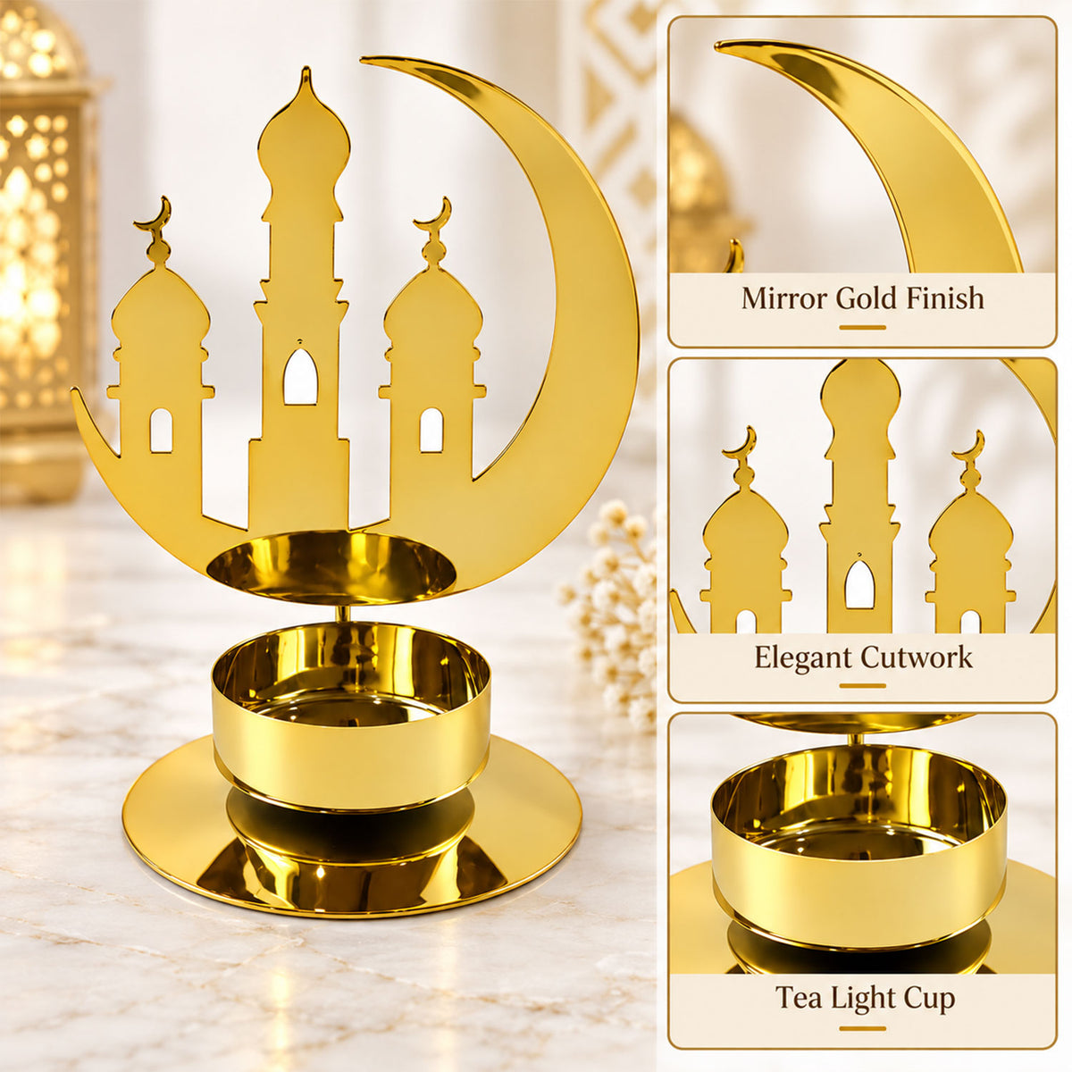 A golden metal crescent moon and mosque design incense holder with close-ups of its mirror finish and cutwork.