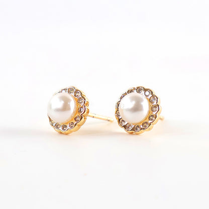 Classic Round Pearl and CZ Stone Stud Earrings for Women