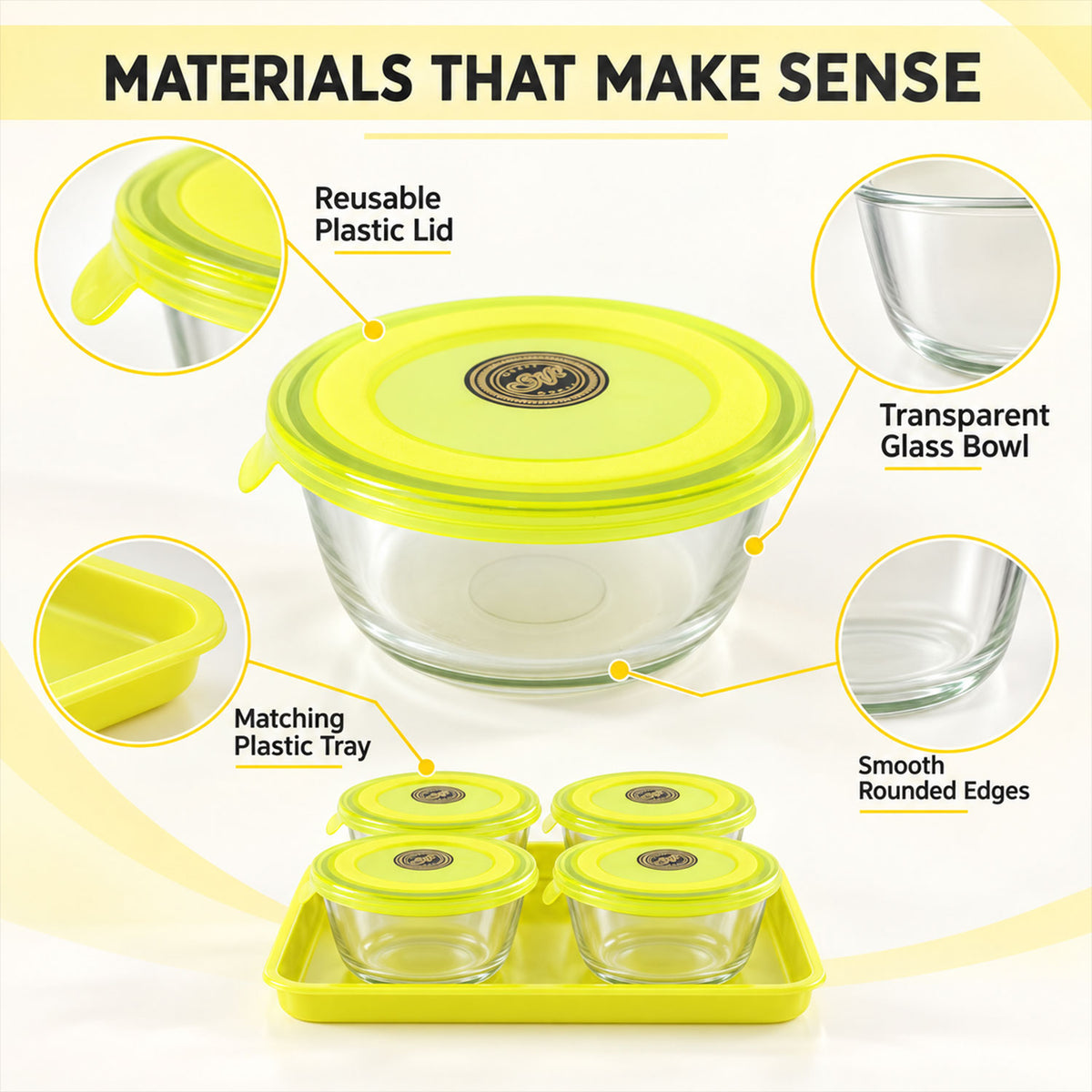 Glass Bowl Set with Plastic Lids and Serving Tray for Snacks and Nuts (5 Pc Set)