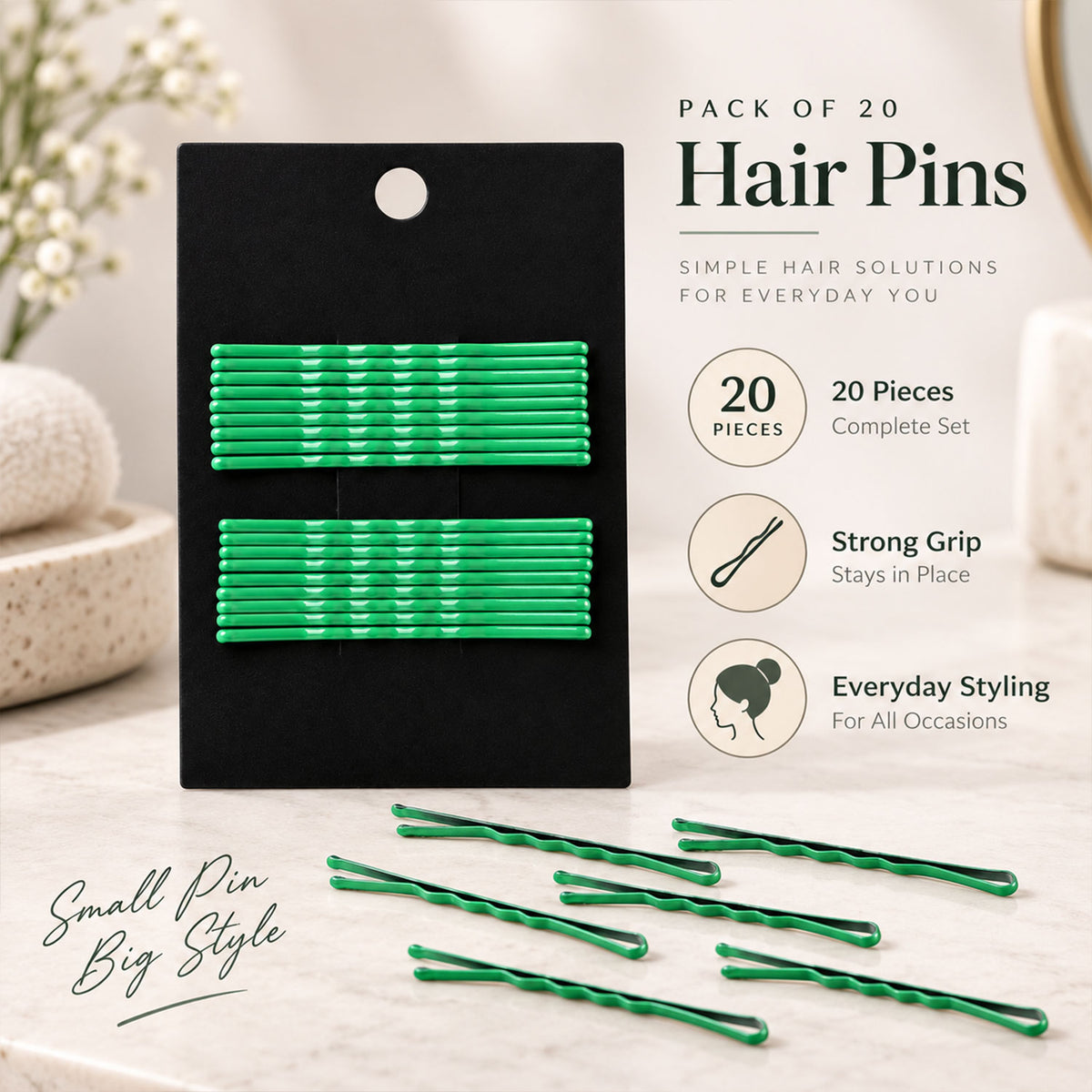 Green Metal Bobby Pins Set for Women and Girls Hair Styling (20 Pc)