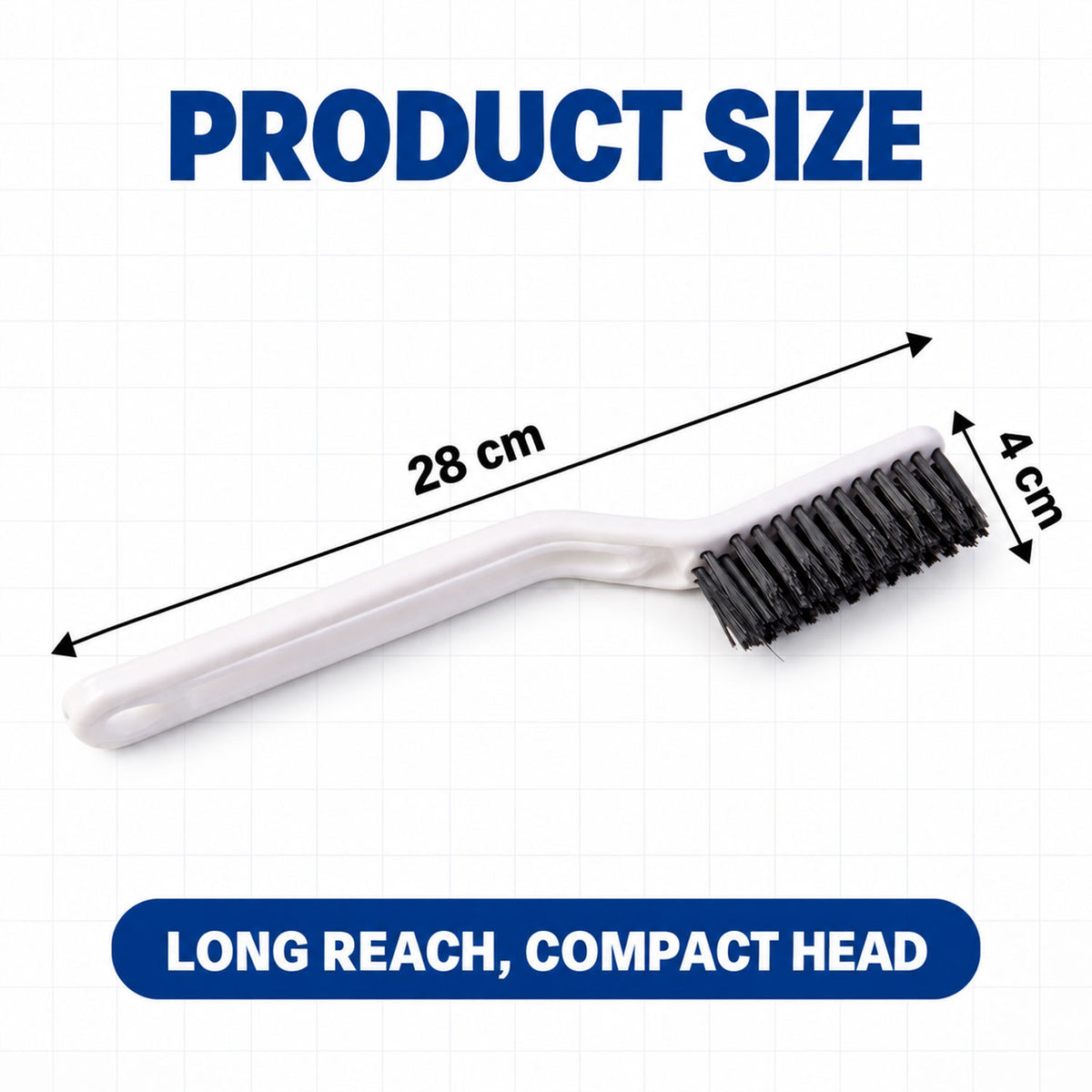 A white brush with black bristles is displayed with measurements indicating its 28 cm length and 4 cm head width.
