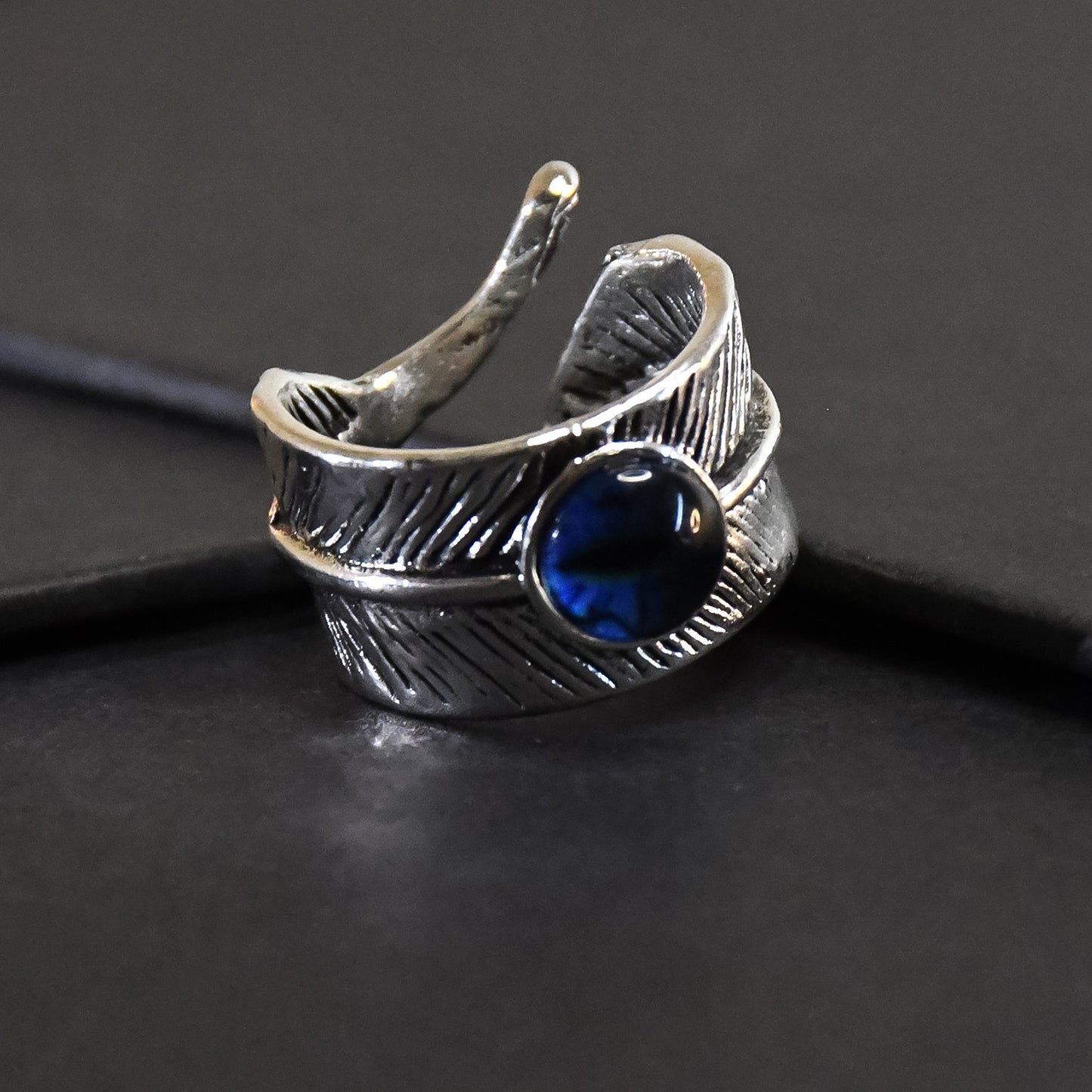 Open Blue Evil Eye Feather Finger Ring