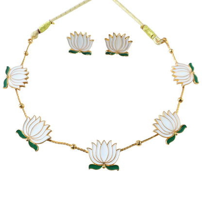 White Lotus Necklace Set – Adjustable Thread Traditional Jewellery