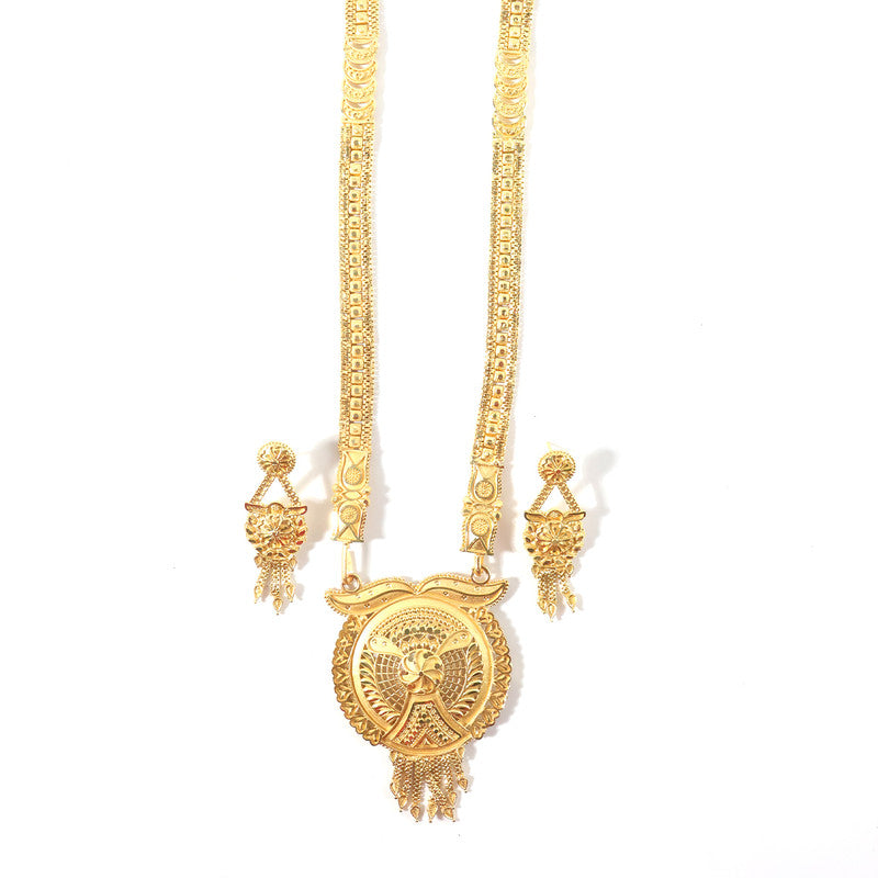 Gold-Tone Designer Necklace Set with Intricate Circular Pendant & Matching Statement Earrings